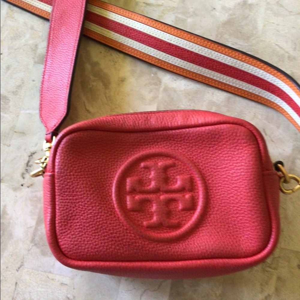 Tory Burch Perry Bombe Mini Leather Crossbody Bag w/Detachable  Striped  Strap.